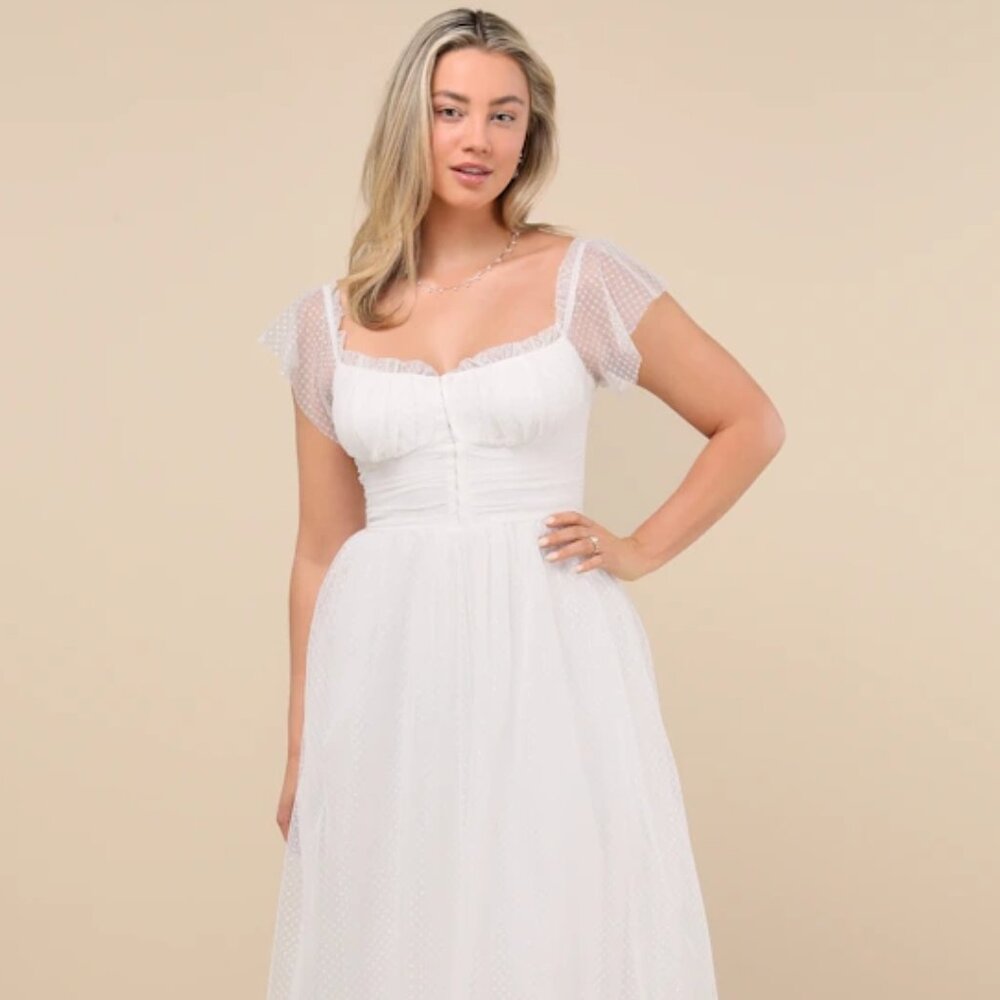 Lulus Regal Radiance White Tulle Bustier Midi Dress | NWOT | L